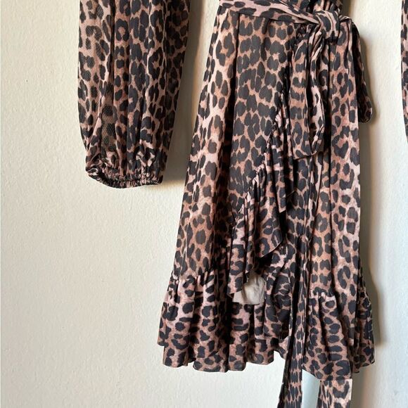 Ganni Mini Black Brown Dress Leopard Print Blouse Long Sleeve Wrap Size S - Picture 15 of 15